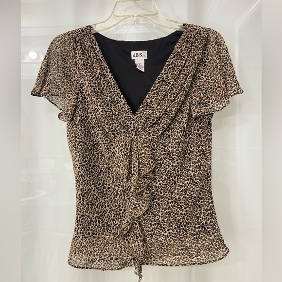 Tops - Vintage Leopard Print Ruffle Shirt Lined Size Medium Sheer Sleeve